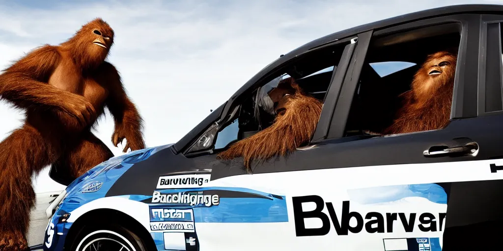 Image similar to sasquatch hanging out the window of a bmw race car