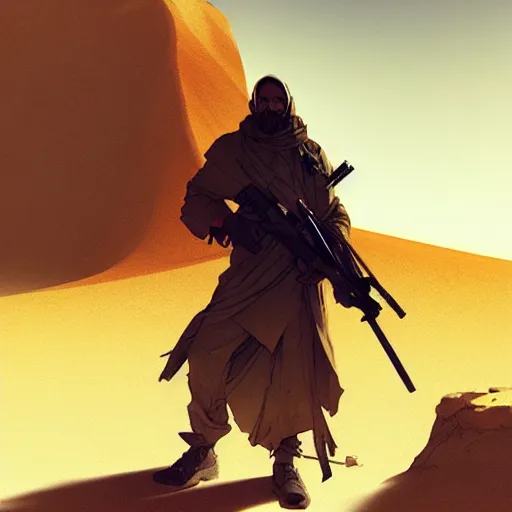 Prompt: man in the desert looking for wifi by Akihito Yoshitomi AND Yoji Shinkawa AND Greg Rutkowski, Mark Arian trending on artstation