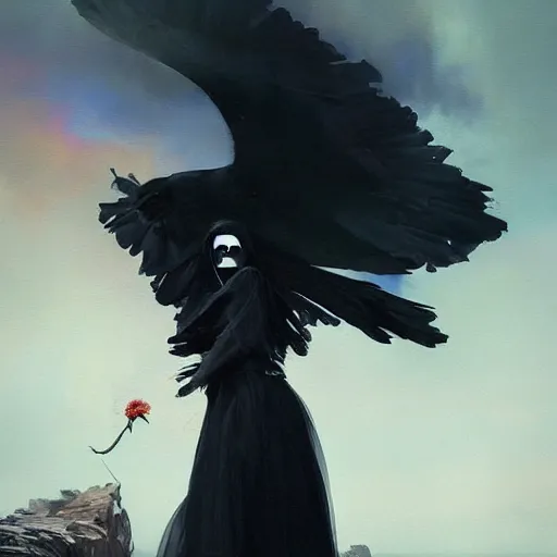 Image similar to morning, a woman in a black dress with a raven head. no face. sun, cinematic, clouds, vogue cover style, contracting colors mood, realistic painting, intricate oil painting, high detail, figurative art, poster art, by simon bisley, ismail inceoglu, wadim kashin, filip hodas. pixar theme.