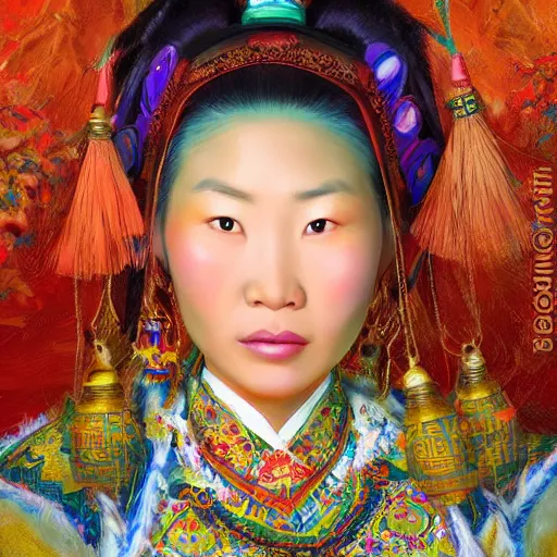 Image similar to portrait of an mongolian woman ( 3 5 ) from mongolia in 2 0 2 1, an oil painting by ross tran and thomas kincade