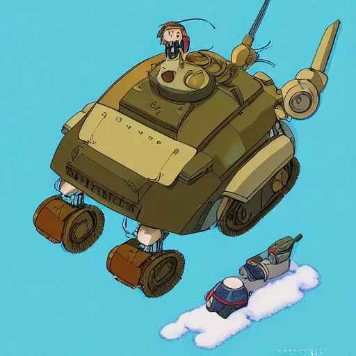 Image similar to a beautiful movie still in the style of Studio Ghibli anime showing a 3/4 view of an adorable mouse tank mecha. Studio Ghibli, aerial photography, wide angle lens, trending on artstation, trending on behance