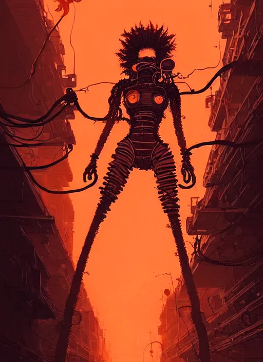 Image similar to highly detailed portrait of wasteland punk long curly fire hair tribal lady, stray wiring by atey ghailan, james gilleard, by joe fenton, by greg rutkowski, by greg tocchini, by kaethe butcher, 4 k resolution, gradient red, orange, black and white color scheme!!! ( ( burning flaming robotic dystopian city background ) )