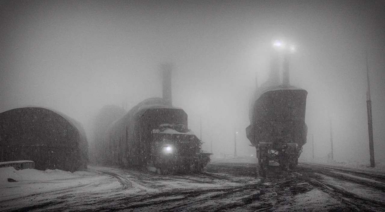 Prompt: “photo of one biomechanical mammoth in an arctic storm with fog and blizzard, the mammoth drags old gigantic coal wagons with snow, it's a sunset photo with cold tones, some people around ”