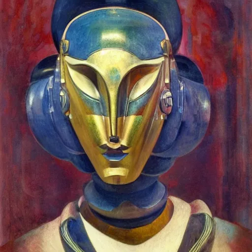 Prompt: the last guest in her Art Deco robot mask, by Annie Swynnerton and Diego Rivera, symbolist, dramatic lighting, elaborate geometric ornament, god rays, soft cool colors,smooth, sharp focus, extremely detailed