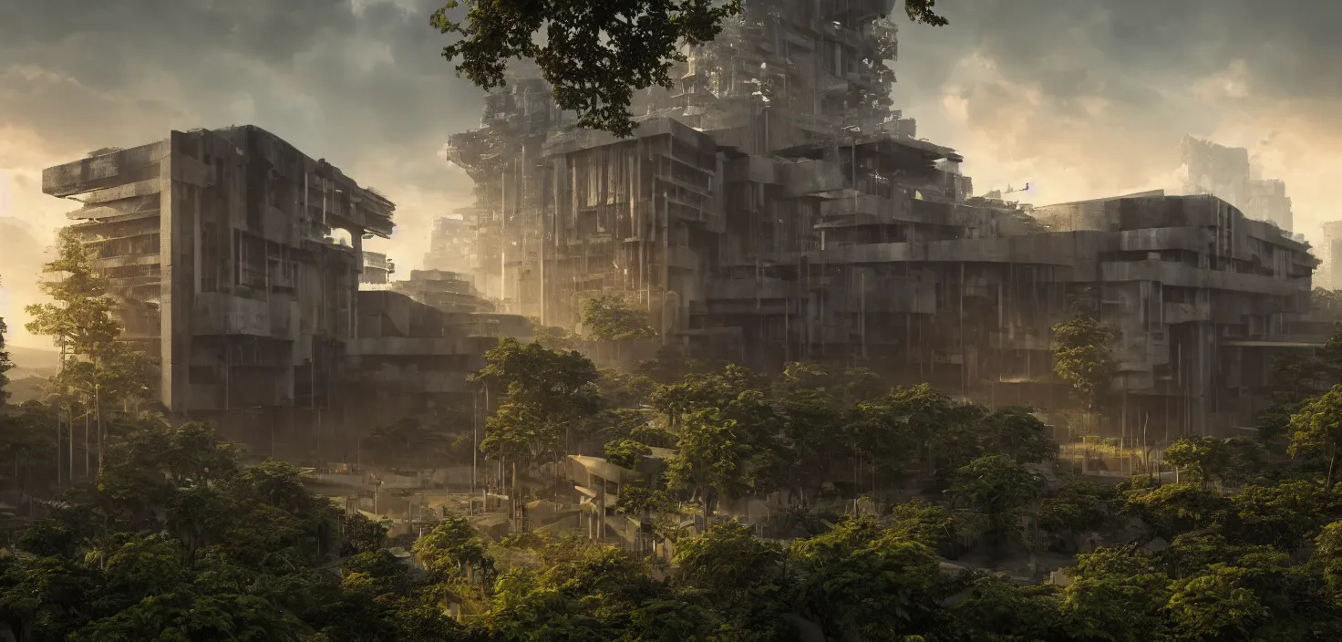 Image similar to brutalist architecture, surrounded by lush green vegetation, stunning volumetric lighting, sunset, metal, concrete, translucent material, stunning skies, 8k, photorealistic, hyper detailed, unreal engine 5, IMAX quality, cinematic, epic lighting, digital painting in the style of DOOM, by Greg Rutkowski, trending on Artstation