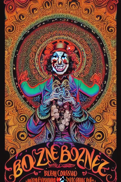 Image similar to Flowing lettering that says The Bozone, Fillmore concert poster for The Bozone by Robert Crumb, by Victor Moscoso, by Laurie Lipton, black light velvet poster, intricate paisley filigree, Bozo the clown. Clown motif, Shiny bulbous red clown nose at the center of an infinite fractal mandala tunnel of clowns, Unreal Engine, Cryengine, Artstation