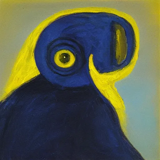 Image similar to long - eared monkey - crow creature wearing a raincoat, tonalist painting, prussian blue and azo yellow, dramatic lighting