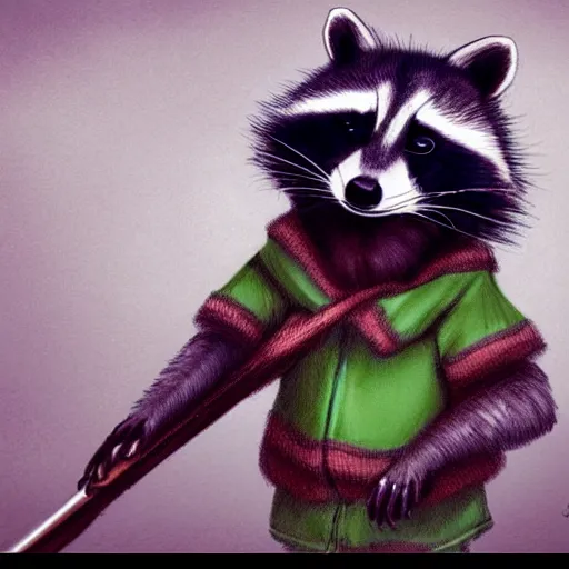 Prompt: a raccoon in a green, hooded rouge outfit holding dagger, trending on art station, anime