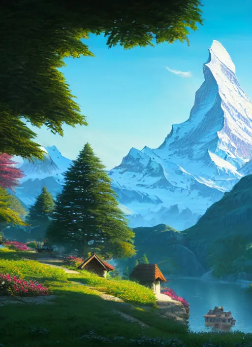 Prompt: a wholesome animation key shot, castle in the middle, swiss alps ( matterhorn ) in the background, foliage in the foreground, studio ghibli, pixar and disney animation, sharp, rendered in unreal engine 5, anime key art by greg rutkowski, bloom, dramatic lighting