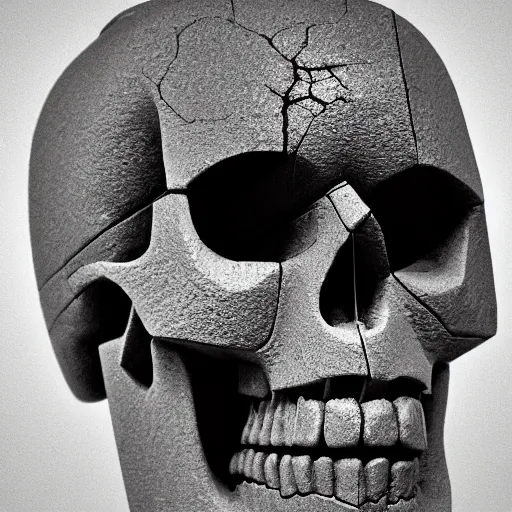 Image similar to a skull cubist sculpture black and white hard light