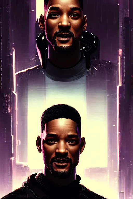 Image similar to portrait of cyberpunk will smith, grim - lighting, high - contrast, intricate, elegant, highly detailed, digital painting, artstation, concept art, smooth, sharp focus, illustration