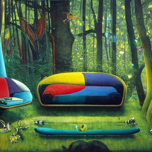 Image similar to psychedelic couch sofa in the lush forest, milky way, designed by arnold bocklin, jules bastien - lepage, tarsila do amaral, wayne barlowe and gustave baumann, cheval michael, trending on artstation, mediterranean, star, sharp focus, colorful refracted sparkles and lines, soft light, 8 k 4 k