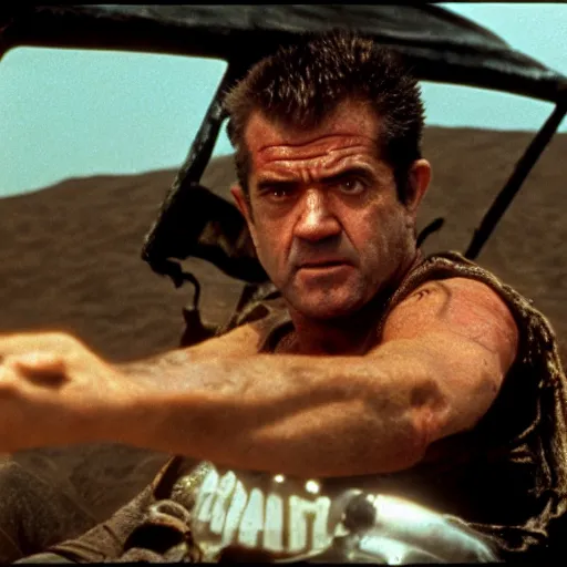 Prompt: mel gibson in mad max fury road, cinestill colour, anamorphic