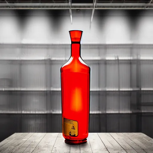 Prompt: an award - winning photo of a translucent glass vodka bottle in the shape and style of a propane cylinder with a red gradient in a warehouse, dramatic lighting, 2 4 mm, close up wide angle lens, ƒ / 8, behance