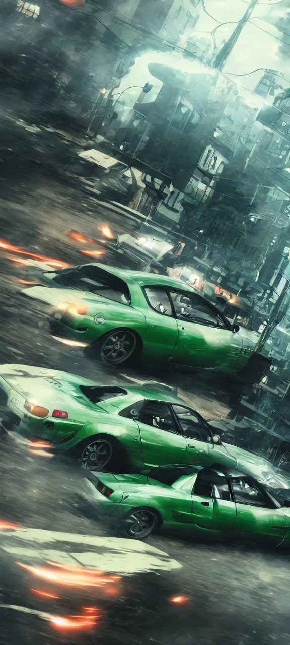 Prompt: anime screenshot of green jdm mazda rx - 7 with scouting legion logo on it's door drifting in attack on titan city, illustration, cinematic, blurry, long exposure, 4 k, spotlight, ray tracing reflections, ray traced