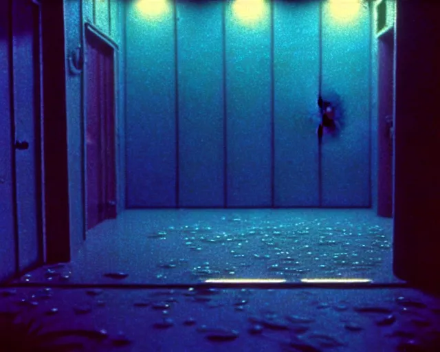 Image similar to low angle shot of an empty space at night, aquatic, shabby chic, cinematography by Jim Jarmusch, composition by Moebius, in the style of Lin Xiao, set design by Chris Cunningham, 35mm, polaroid, color film photography, soundtrack by Janis Joplin, written by James Joyce