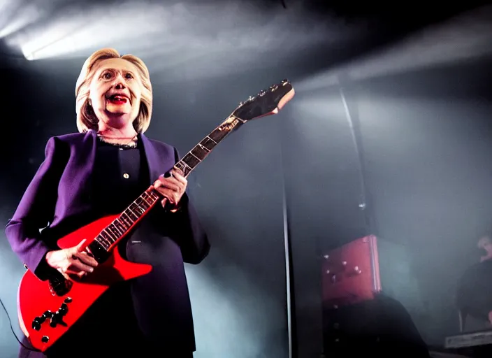 Prompt: publicity photo still of hillary clinton in a death metal band playing live on stage, 8 k, live concert lighting, mid shot