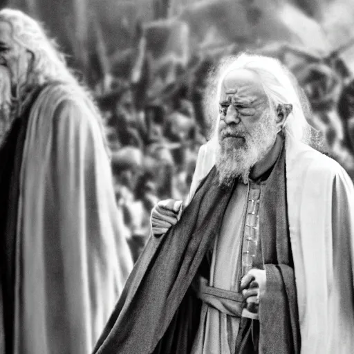 Image similar to Bernie Sanders as Gandalf the grey in full robes defending the Bridge of Khazad-dûm, 35mm film