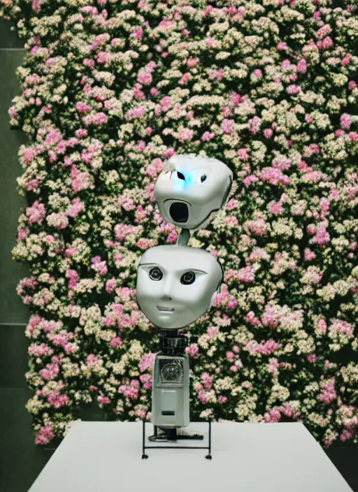 Prompt: a portrait photograph of a robot head in front of a wall of flowers designed by Balenciaga, 35mm, pentax, studio