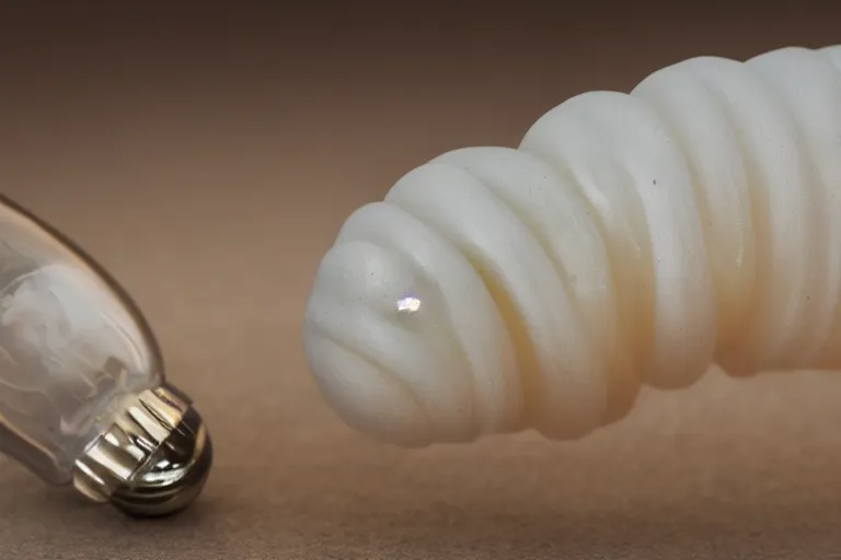 Image similar to a squishy white grub with big scary fangs and a lightbulb on its tail, high resolution film still, HDR color, 8k