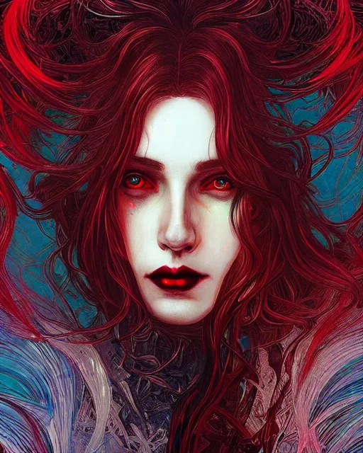 Prompt: glitch art close up portrait intense vampire, flowing hair, glitches, highly detailed, very intricate, graphical errors, art deco, glitch, chromatic aberration, harsh lighting, award - winning, unreal engine 5, illustration by mandy jurgens and alphonse mucha and alena aenami, black and red only!!!, featured on artstation