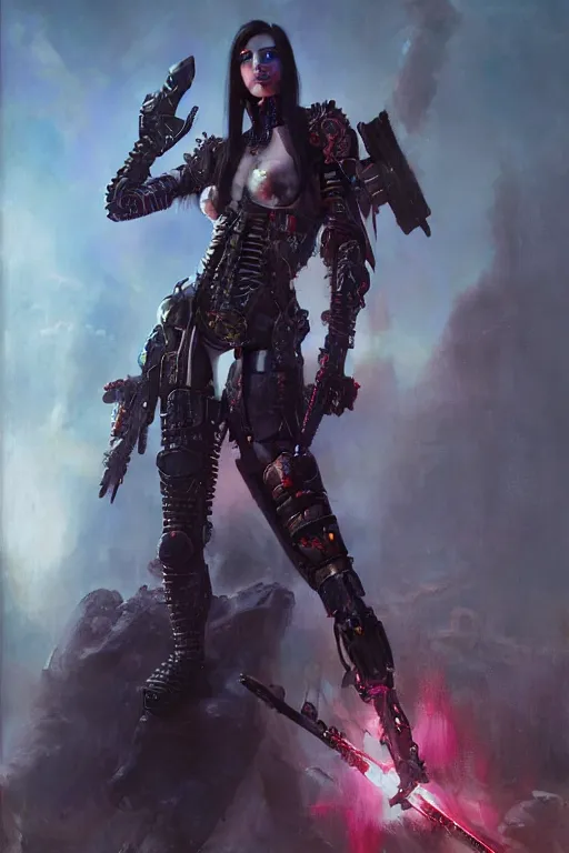 Prompt: portrait of a female demon in cyberpunk armor in the middle of a battlefield. by Daniel F. Gerhartz, hyperrealistic oil painting, 4k, studio lightning