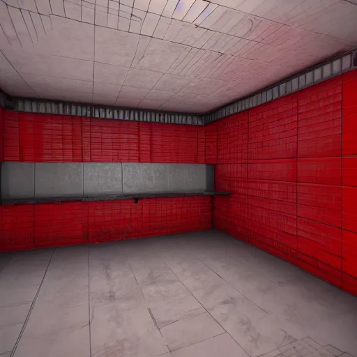 Prompt: a 3d render of a kitchen covered in translucent red paper bags, in style of hr giger, artstation, unreal engine