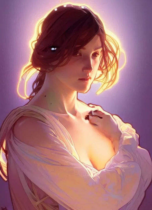 Image similar to digital character concept art by artgerm greg rutkowski alphonse mucha sylvain sarrailh. clear portrait of a shy modern wife blessed by god to grow immaculately fertile and perfect!! blonde, in clothes! holy body! light effect. hyper detailed, glowing lights!! intricate, elegant, digital painting, artstation, smooth, sharp focus