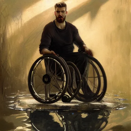 Image similar to handsome portrait of a wheelchair guy fitness posing, radiant light, caustics, war hero, smooth, one legged amputee, reflective water koi pond, sunbeams, by gaston bussiere, bayard wu, greg rutkowski, giger, maxim verehin