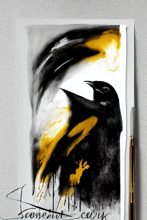 Image similar to beautiful serene smart crow, healing through motion, minimalistic golden ink airbrush painting on white background