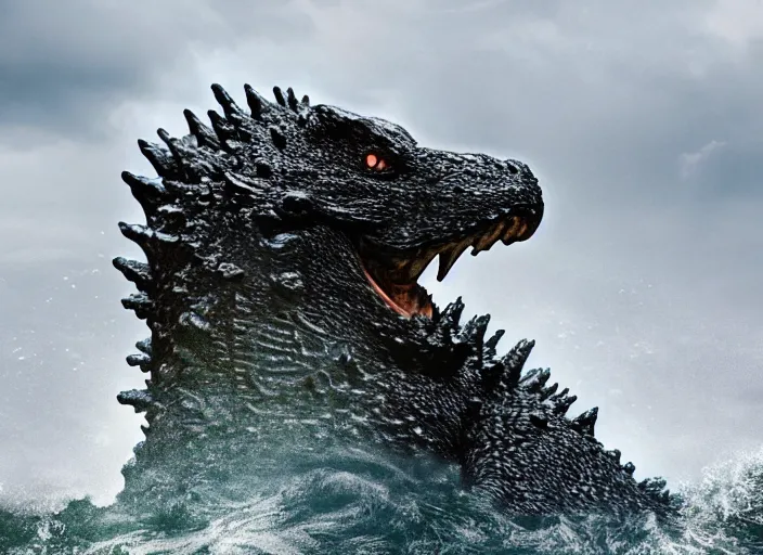 Prompt: hyperrealistic photo of godzilla emerging from the ocean, raging, big splash, droplets, overcast, closeup, telephoto zoom, ultra detailed, sharp focus, cinematic, 1 0 0 mm, dslr, 4 k