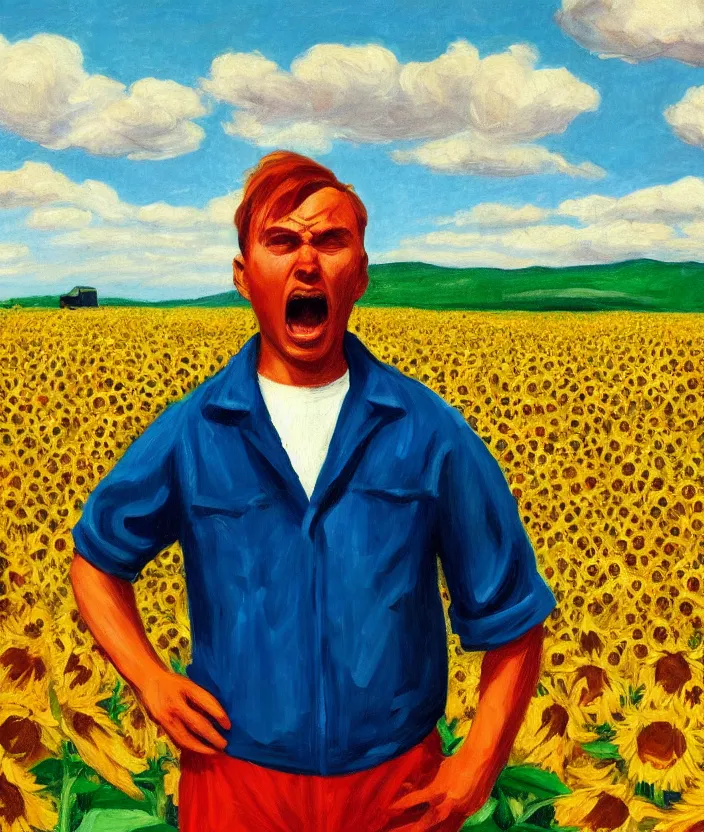 Image similar to a closeup portrait of a man in an orange prisoner overall, standing in beautiful sunflower field, screaming and sad, highly detailed, aesthetic clouds in the sky, in the style of edward hopper, very fine brush strokes, 4 k,