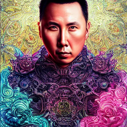 Image similar to portrait of donnie yen, hyper detailed masterpiece, neon floral pattern, jean giraud, digital art painting, darkwave goth aesthetic, psychedelic, artgerm, donato giancola and tom bagshaw