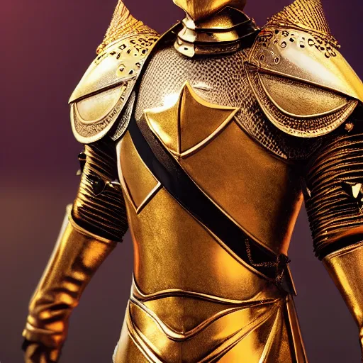 Prompt: a highly detailed full-length knight in a golden helmet and crown with a diamond in the center, golden armor, leather clothes under the armor, leather gloves, artstation, DeviantArt, professional, octane render, sunset lighting