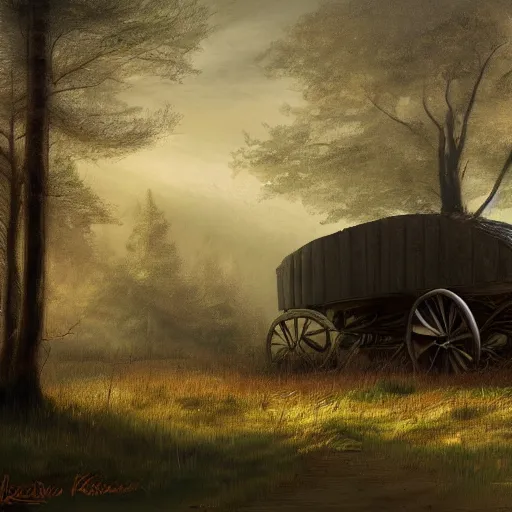 Image similar to an abandoned wagon in the woods, concept art, rutkowski