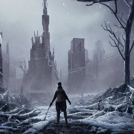 Prompt: a huge city walking on 8 spider legs through a post apocalyptic tundra, fantasy, cinematic