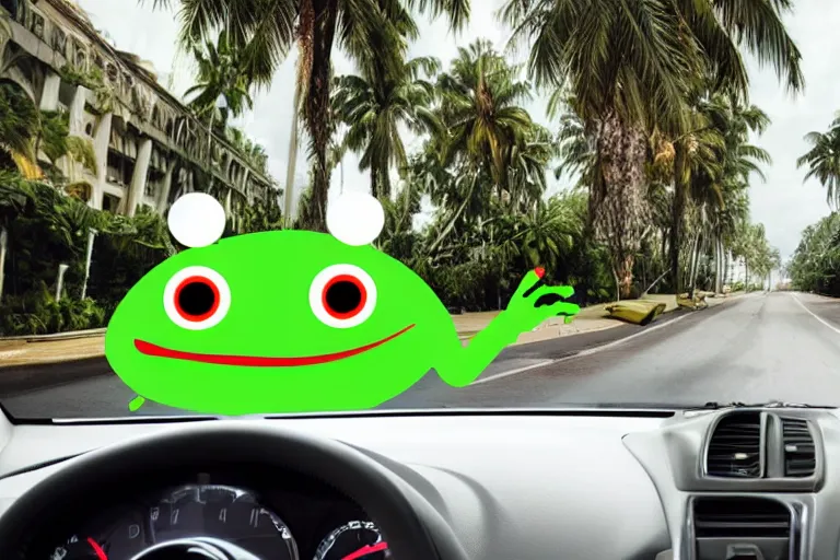 Image similar to human face as a frog driving a car, palm trees