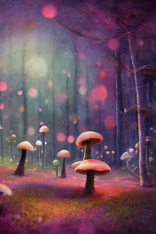 Prompt: a matte digital painting of a mushroom forest at night, tiny bokeh, bright colours, watercolor, volumetric wool felting, macro photography, children illustration, by goro fujita