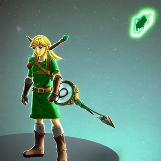 Prompt: link from zelda in the future, futuristic athmosphere, highly detailed, advanced technology