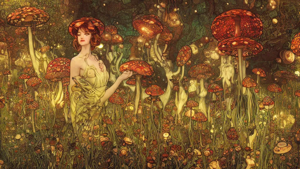 Prompt: vintage magic mushroom illustration, 4k post-processing highly detailed by wlop, Junji Murakami, Mucha Klimt, Sharandula, Hiroshi Yoshida, Artgerm, Craig Mullins,dramatic, moody cinematic lighting