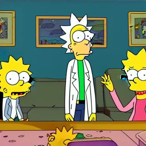 Image similar to Rick & Morty starring in the simpsons couch-gag