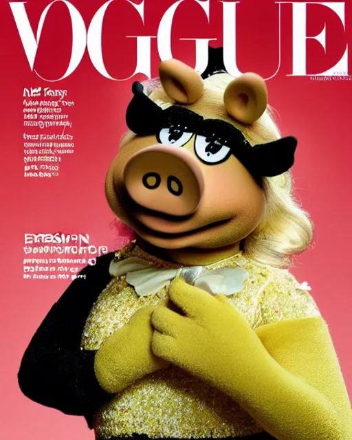 Prompt: miss piggy poses for the cover of vogue magazine