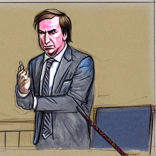 Prompt: a court sketch of saul goodman defending vineshroom in court, sketch art, court sketch art, saul goodman