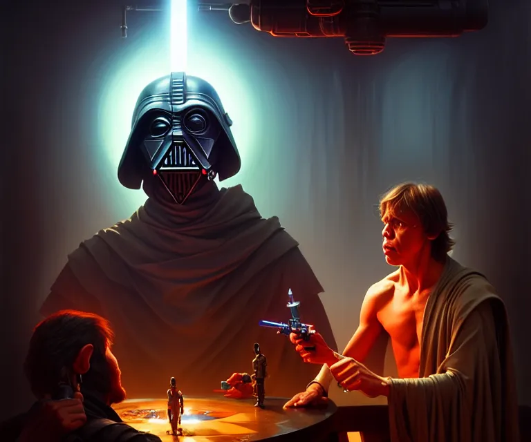 Prompt: grogu meets luke skywalker at the cantina in moss eisley, dramatic lighting, electrical details, high details, 8 k, best, accurate, trending on artstation, photorealism, ultrarealistic, digital painting, style of peter mohrbacher, caravaggio, boris vallejo