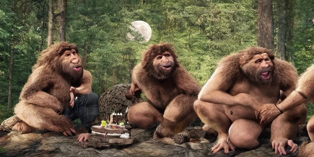 Prompt: ultra realistic photo, three hairy fat neanderthal people, emma!! watson!!, eating outside, surrounded by dinosaurs!, gigantic forest trees, sitting on rocks, bright moon, birthday cake on the ground, front view