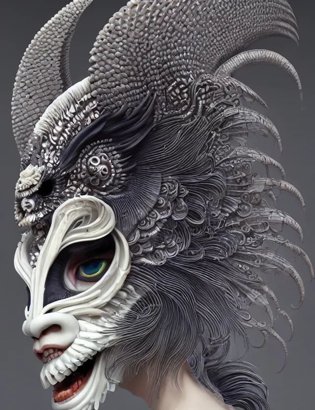 Image similar to 3 d goddess close - up profile portrait ram skull. beautiful intricately detailed japanese crow kitsune mask and clasical japanese kimono. betta fish, jellyfish phoenix, bio luminescent, plasma, ice, water, wind, creature, artwork by tooth wu and wlop and beeple and greg rutkowski