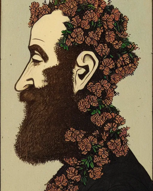 Prompt: a man's face in profile, long beard, made of flowers and fruit, in the style of the Dutch masters and Chris Ware, dark and moody