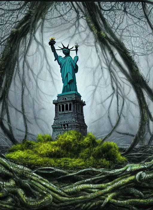 Image similar to hyper detailed painting of the statue of liberty; cracked, decaying, covered in moss and vines; thunderstorm; moody cinematic lighting, painted by Greg Rukowtski, trending on Artstation