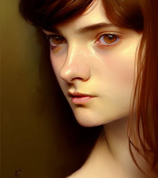 Image similar to portrait of a welsh teenage girl with brown hair, glowing skin, delicate features, amelie poulain, fantasy, small mouth, quiet beauty, intricate, elegant, dress shirt, highly detailed, digital painting, artstation, concept art, smooth, sharp focus, illustration, art by Krenz Cushart and Artem Demura and alphonse mucha