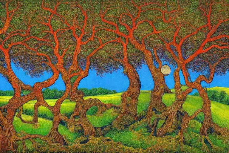 Image similar to masterpiece painting of oak trees on a hillside overlooking a creek, dramatic lighting, by mati klarwein